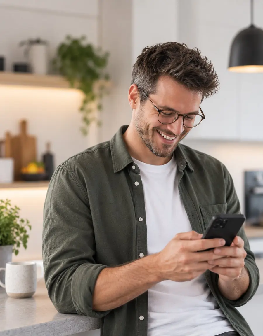 Ein junger Mann identifiziert sich lächelnd mit seinem Smartphone